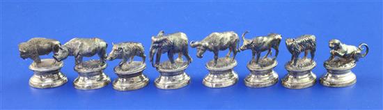 A set of seven 1980s novelty silver gilt menu holders by Theo Fennell, modelled as wild animals, 1.25in et infra.